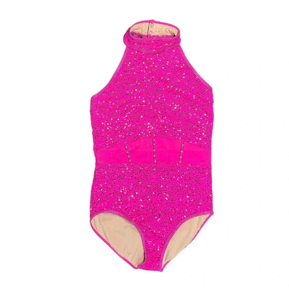 Balera | Sequin Caged Waist Leotard Sparkling Pink Sleeveless Halter, MA - Picture 3 of 5